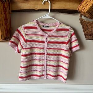 90s Y2K Scandi Girl Gina Tricot Short Sleeve crazy stripe Cardigan Yellow Pink